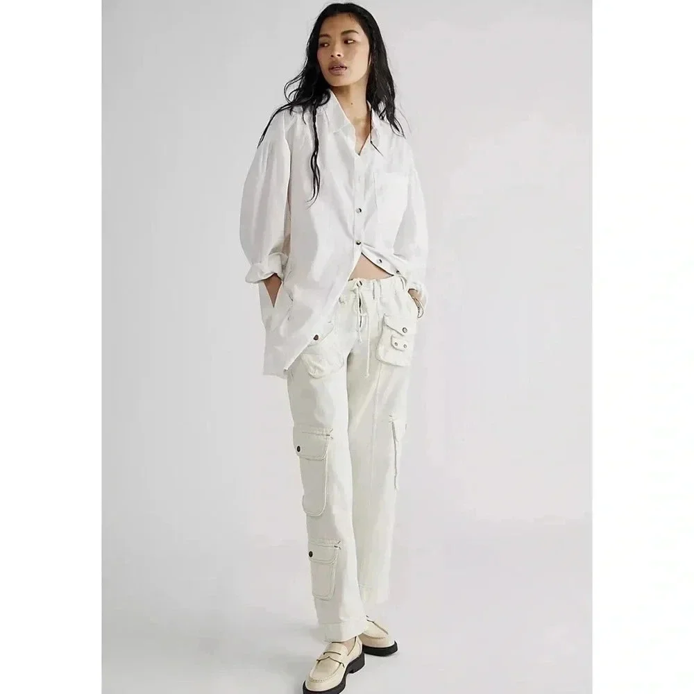 New Free People Tahiti Low-Rise Cargo Pants White Large